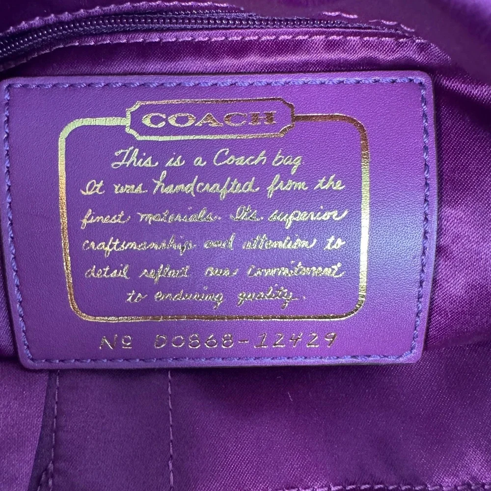 Coach Signature Stripe Tote Women Medium Khaki Purple Patent Leather 12429 Y2K